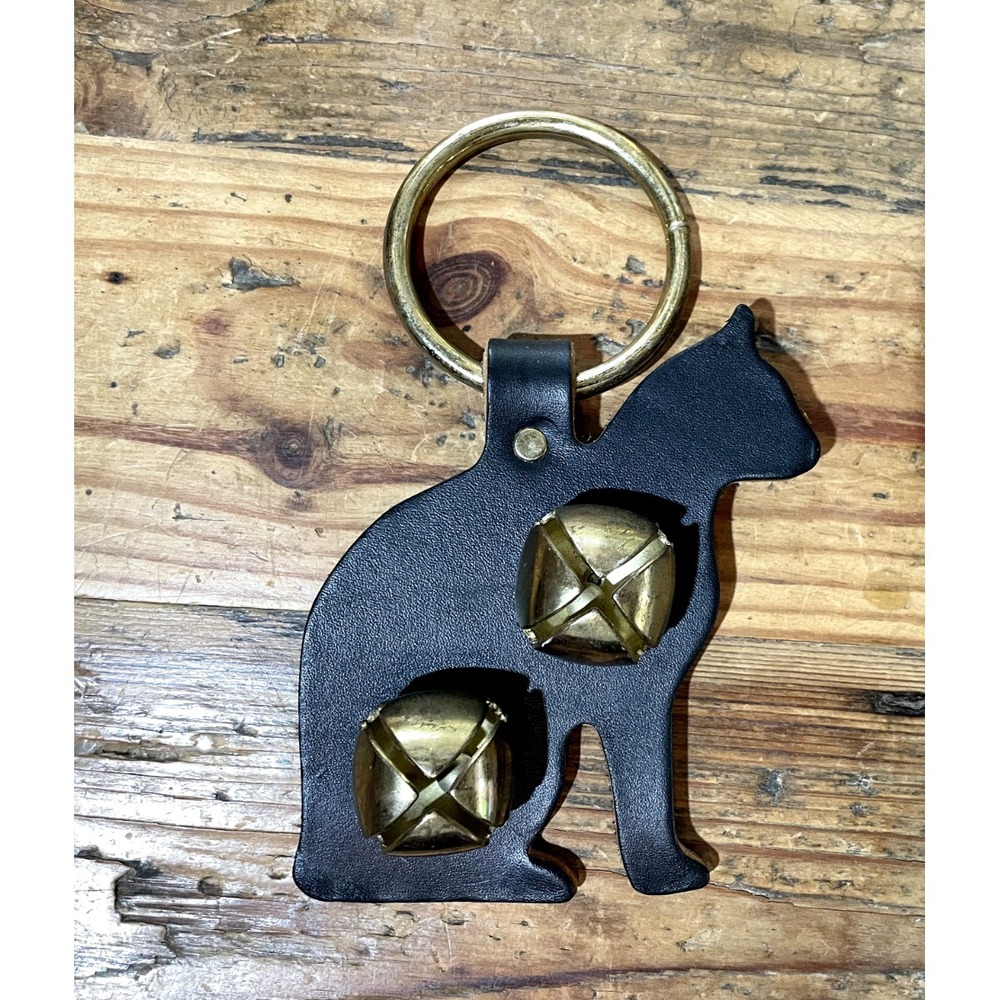 New England Bells Black CAT Door Hanger Brass Leather‎ 90s VTG Halloween